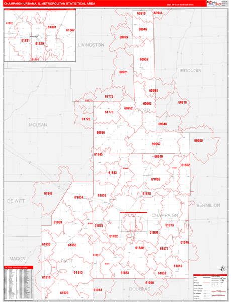 Champaign-Urbana Metro Area Digital Map Red Line Style